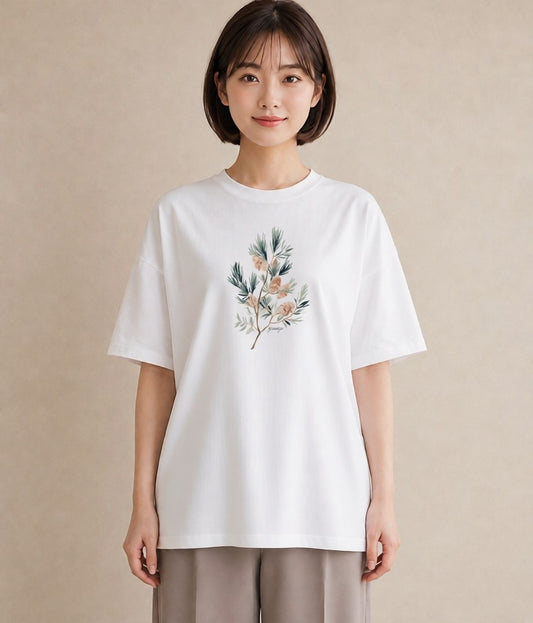 デザインTシャツ レディース 松ぼっくり 植物 ボタニカル イラスト 淡色 おしゃれギフト 社会人 白T