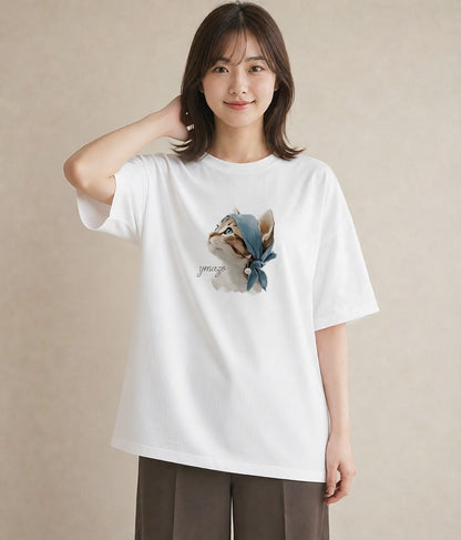 半袖Tシャツ レディース ねこ 猫 ネコ イラスト シンプル 敬老の日 ホワイトデー 白T