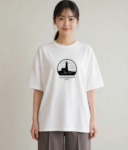 デザインTシャツ レディース 灯台 霧 海 ナチュラル アンティーク イラスト 個性的 在宅 公園 白T