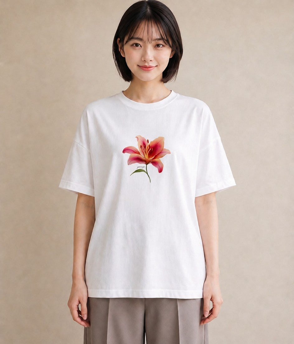 半袖Tシャツ レディース 彼岸花 花 花柄 イラスト ラフ カジュアルコーデ 買い物 白T