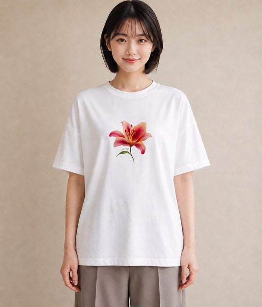 半袖Tシャツ レディース 彼岸花 花 花柄 イラスト ラフ カジュアルコーデ 買い物 白T
