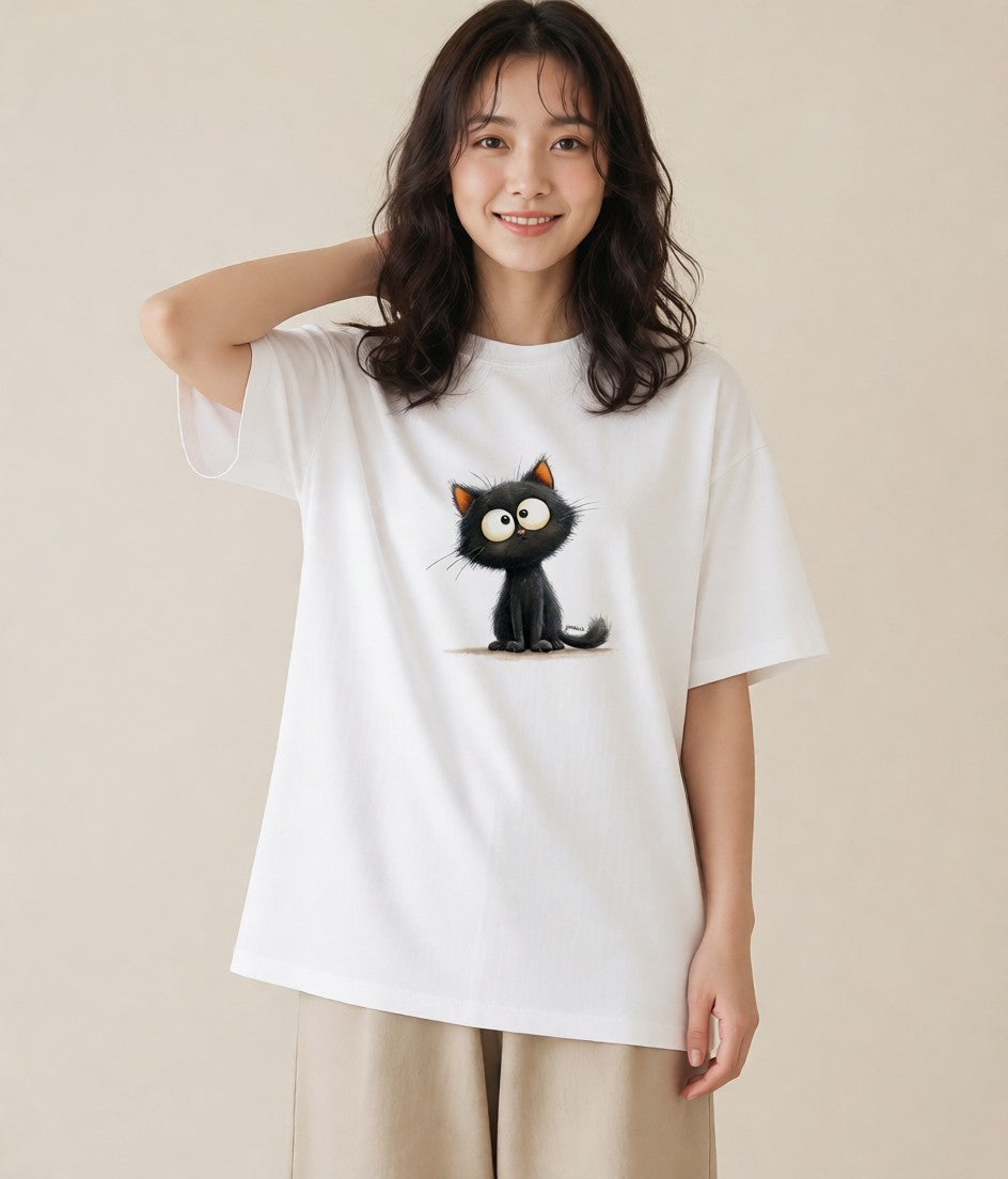 グラフィックTシャツ レディース 黒猫 猫 ねこ イラスト 20代 カジュアルコーデ 白T