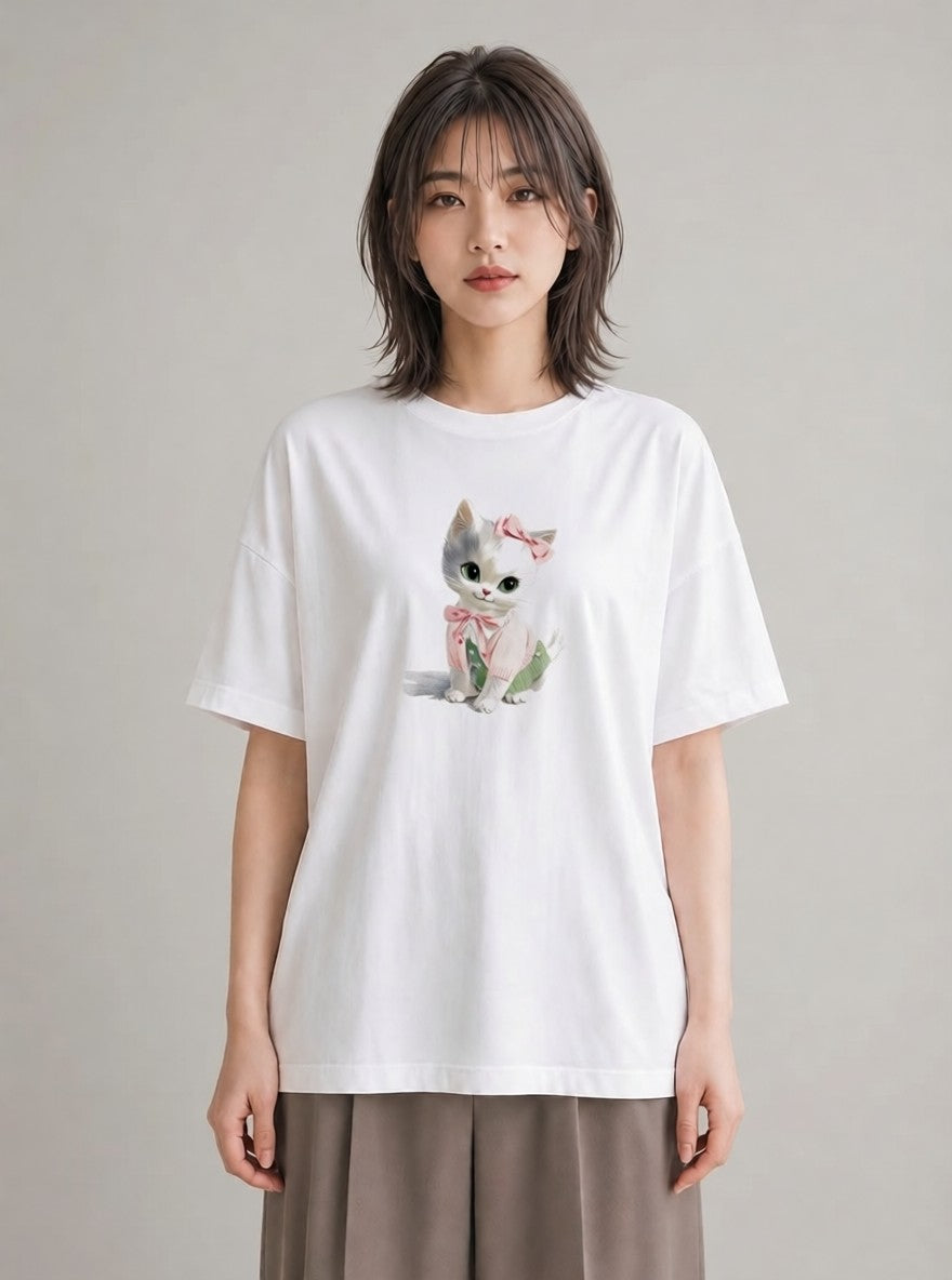 デザインTシャツ レディース 子猫 猫 ねこ イラスト 水彩風 自分用 ルームウェア 白T