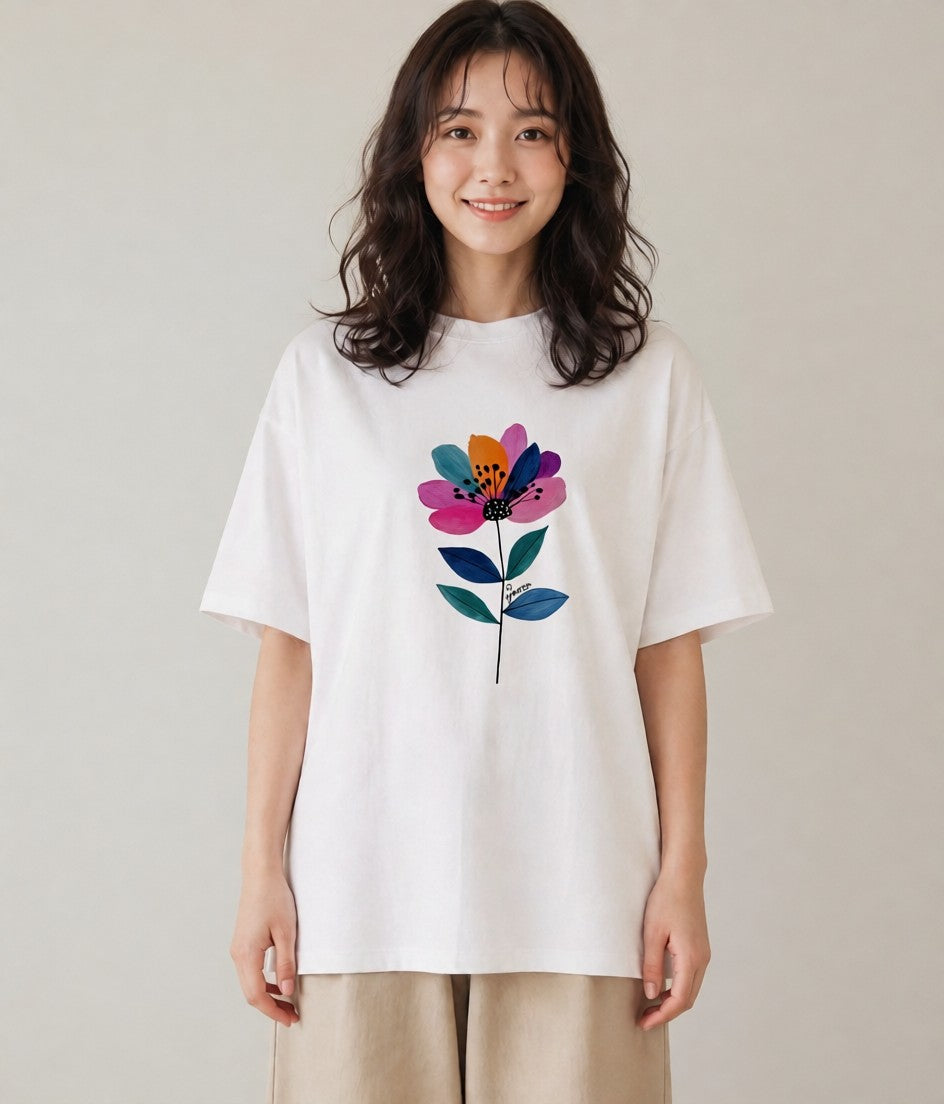 Tシャツ レディース スミレ 花 花柄 イラスト シンプル 海 カフェ巡り 白T