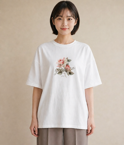 Tシャツ レディース 椿 花 花柄 イラスト ガーリー デイリーウェア 休日 白T
