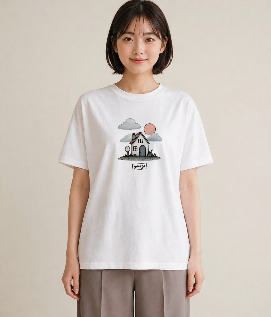 Tシャツ レディース 灯りの家 小屋 夜 ナチュラル アンティーク イラスト モード 部屋着 女性向けギフト 白T