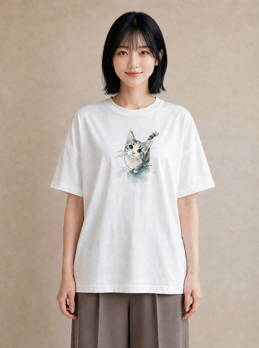 グラフィックTシャツ レディース サビ猫 猫 ねこ イラスト 上品 海 カフェ巡り 白T