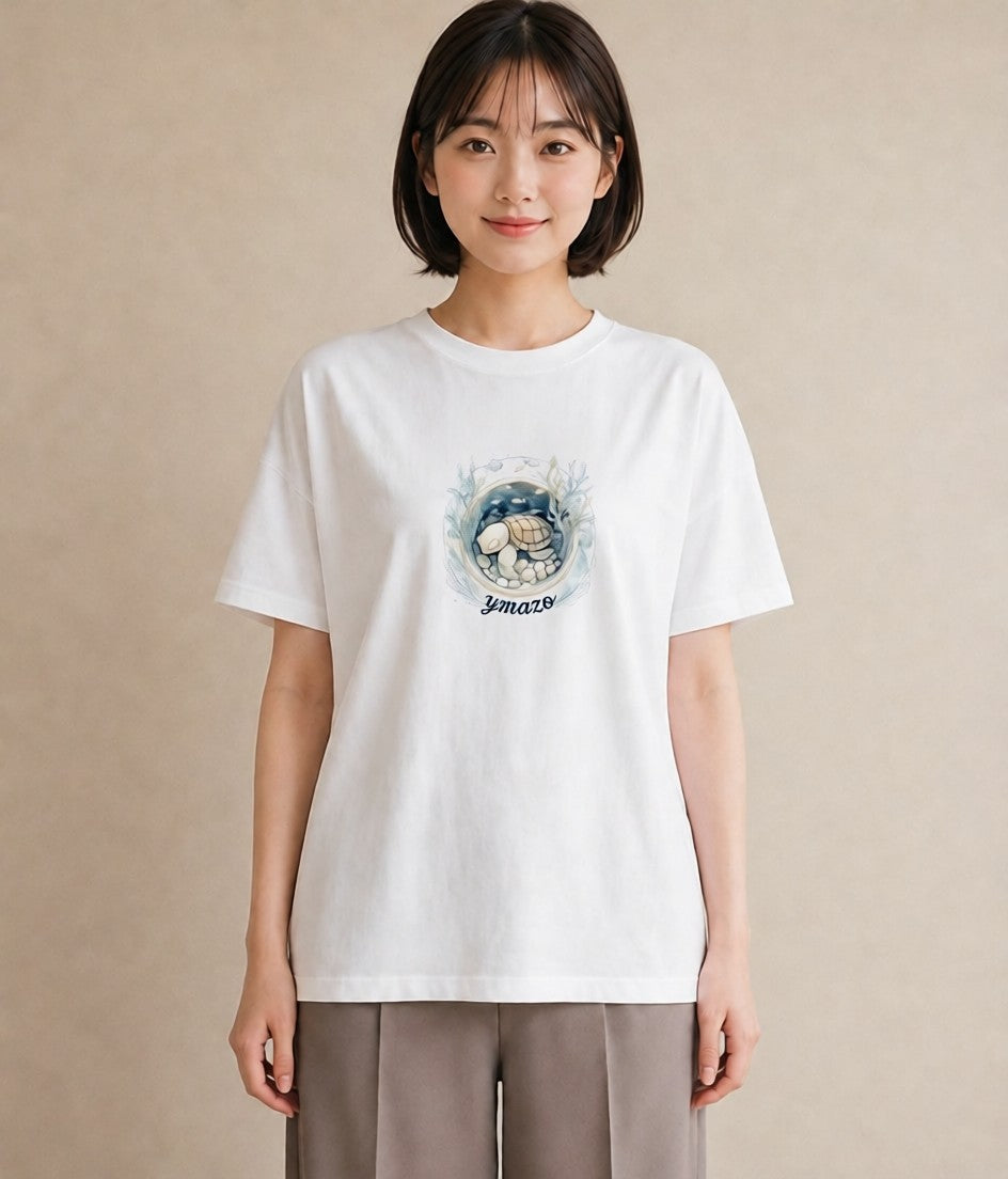 デザインTシャツ レディース ウミガメ 海の生き物 海 イラスト 抜け感 ビーチ デイリーウェア 白T
