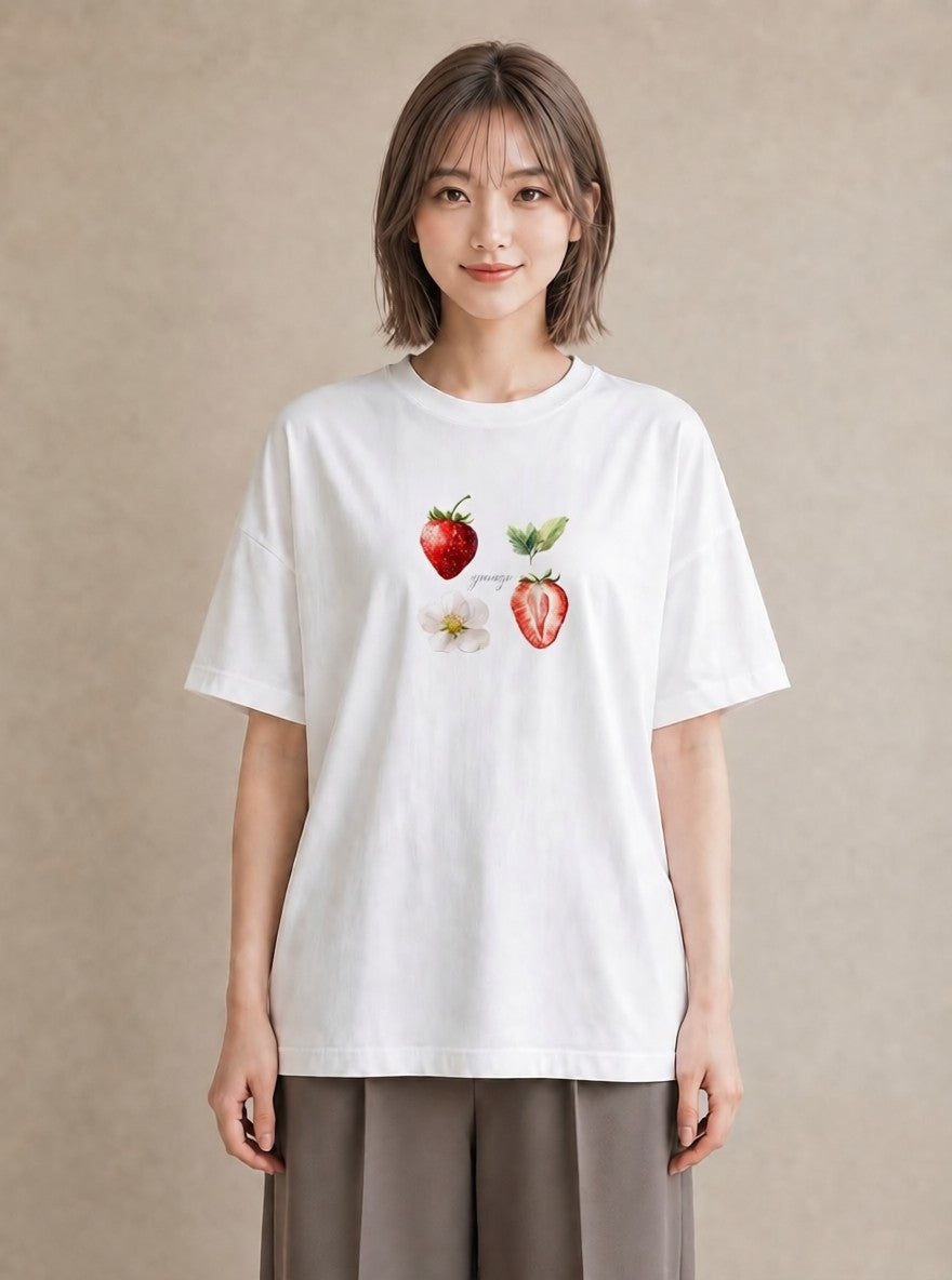 半袖Tシャツ レディース いちご 苺 ストロベリー 食べ物 フード イラスト ギフト 母の日 白T