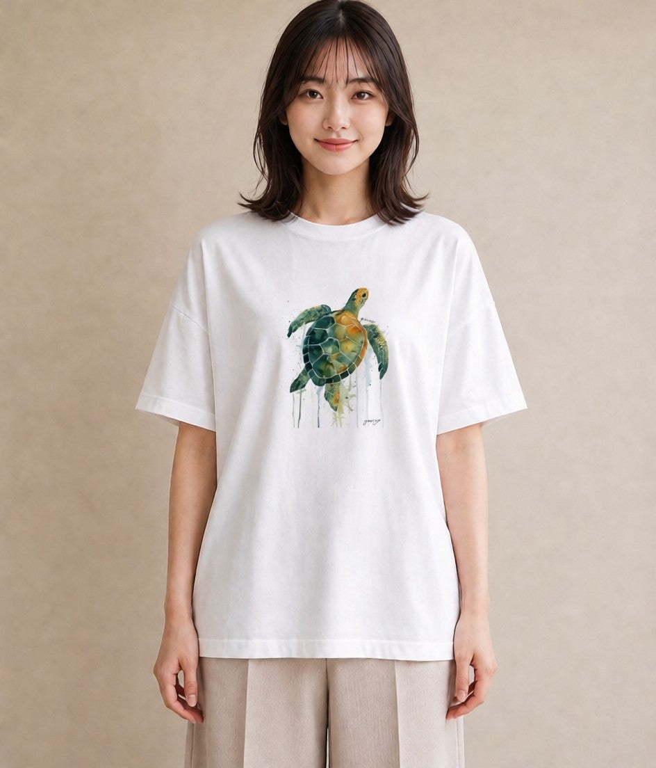 Tシャツ レディース ウミガメ 海の生き物 海 イラスト ヴィンテージ風 散歩 お出かけ 白T
