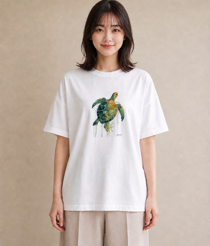 Tシャツ レディース ウミガメ 海の生き物 海 イラスト ヴィンテージ風 散歩 お出かけ 白T