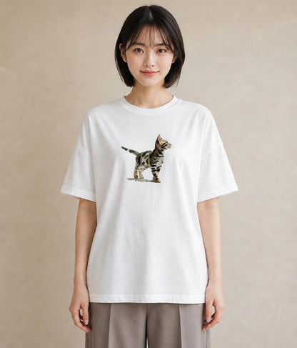 Tシャツ レディース 子猫 猫 ねこ イラスト ボタニカル 買い物 夏コーデ 白T