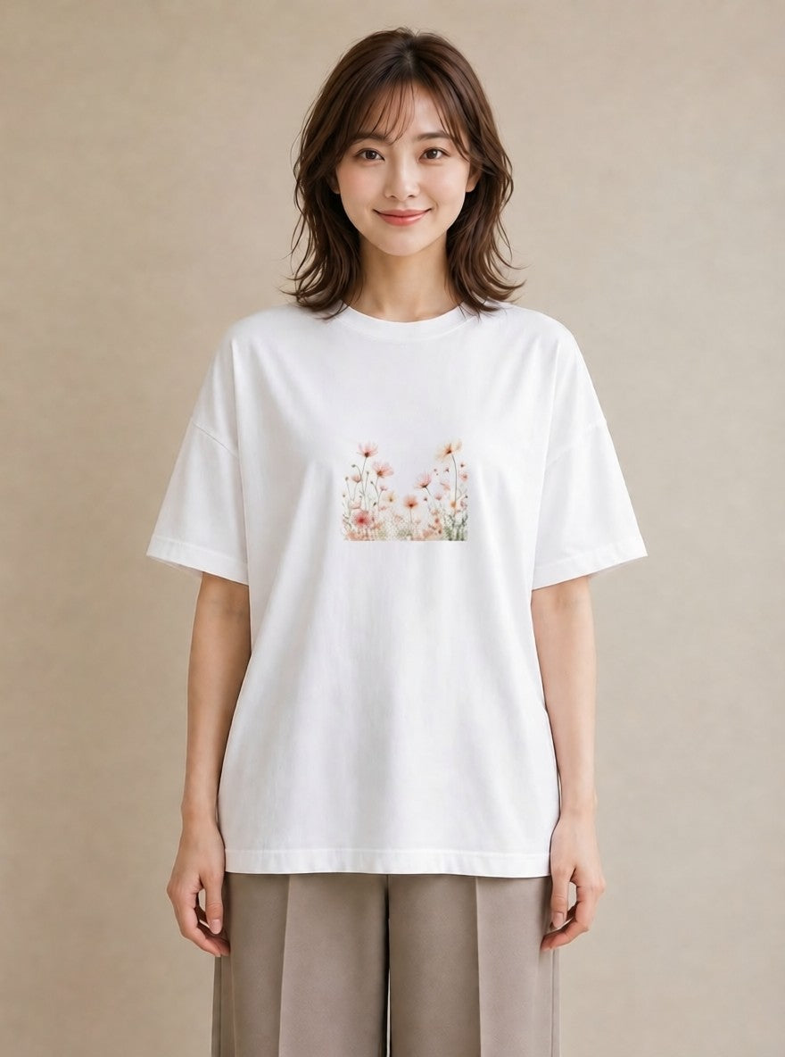 グラフィックTシャツ レディース コスモス 秋桜 花 花柄 イラスト ギフト 母の日 白T
