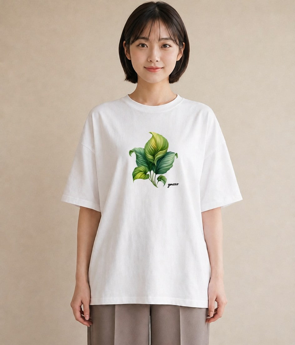 グラフィックTシャツ レディース 新緑 植物 ボタニカル イラスト ユニーク ラフ レイヤード 白T