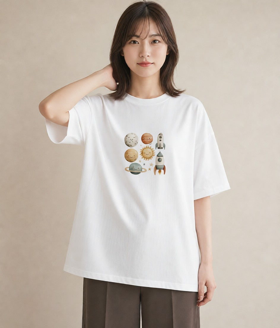 Tシャツ レディース プラネット 星空 宇宙 イラスト 旅行コーデ 帰省 ラフ 白T