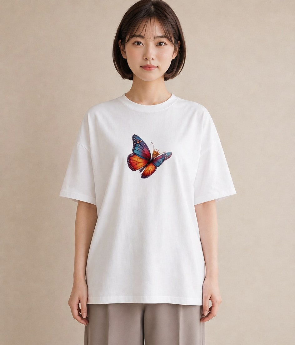 半袖Tシャツ レディース ちょうちょ 蝶 バタフライ 昆虫 虫 イラスト 春服 ミセス 白T