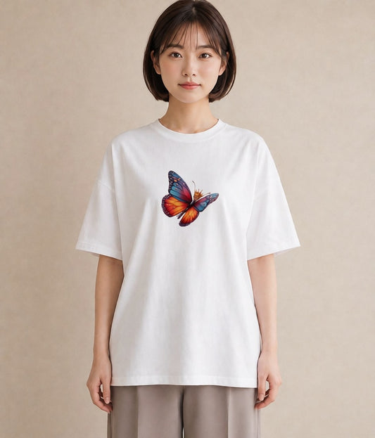 半袖Tシャツ レディース ちょうちょ 蝶 バタフライ 昆虫 虫 イラスト 春服 ミセス 白T