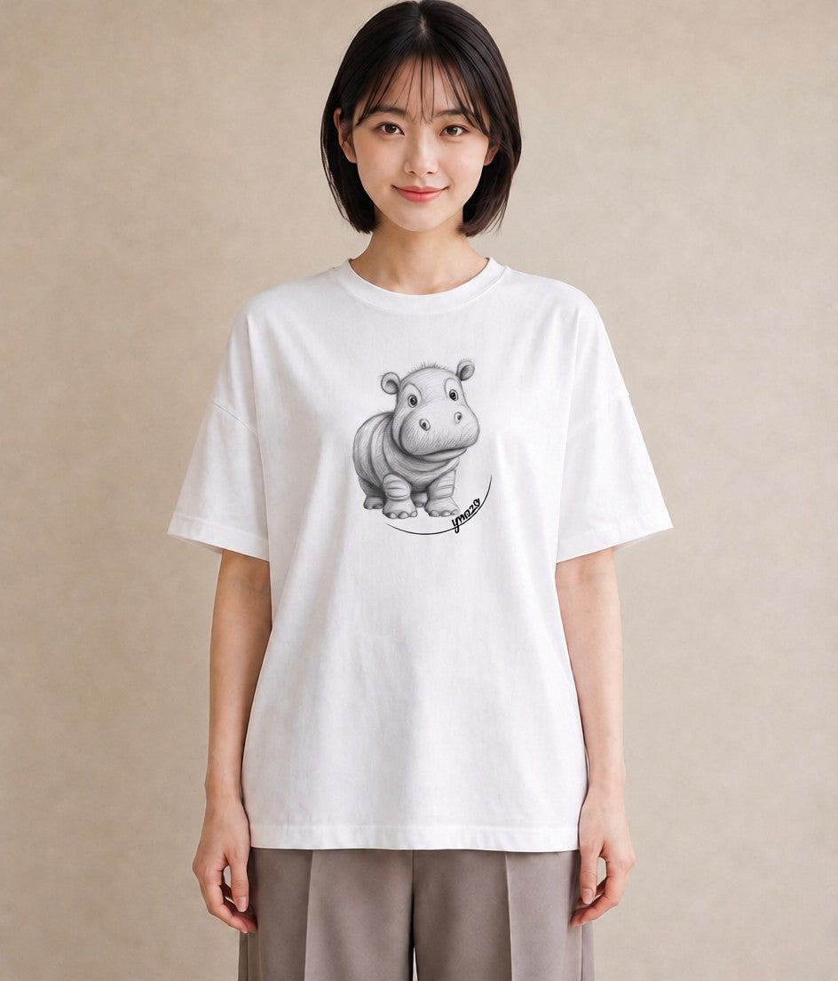 プリントTシャツ レディース カバ 動物 アニマル イラスト 水彩風 散歩 お出かけ 白T