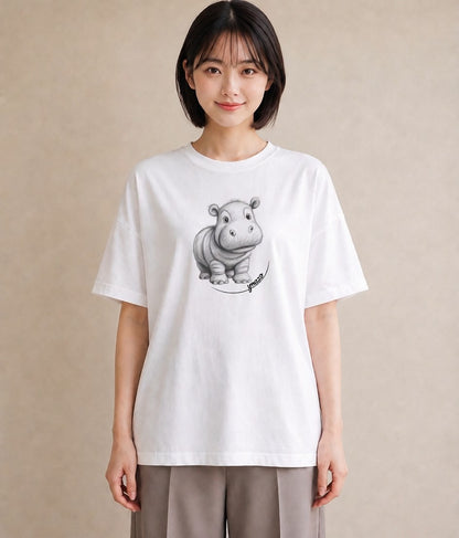 プリントTシャツ レディース カバ 動物 アニマル イラスト 水彩風 散歩 お出かけ 白T