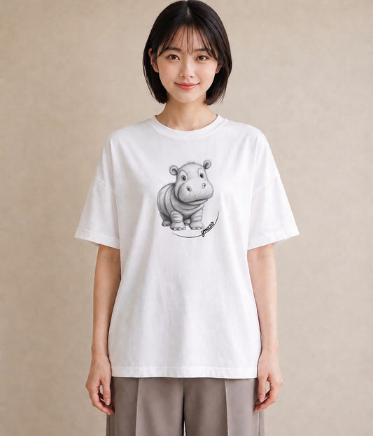 プリントTシャツ レディース カバ 動物 アニマル イラスト 水彩風 散歩 お出かけ 白T