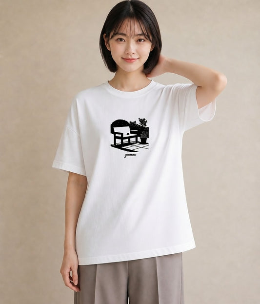 デザインTシャツ レディース 雨上がりのベンチ ベンチ ナチュラル アンティーク イラスト ラフ 公園 ママ 白T
