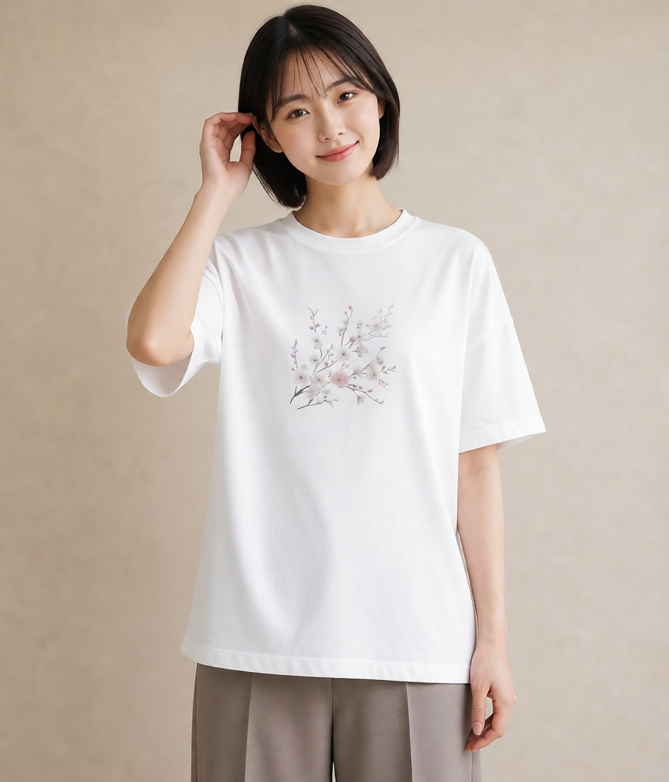 半袖Tシャツ レディース 梅 花 花柄 イラスト 普段着 週末コーデ 白T