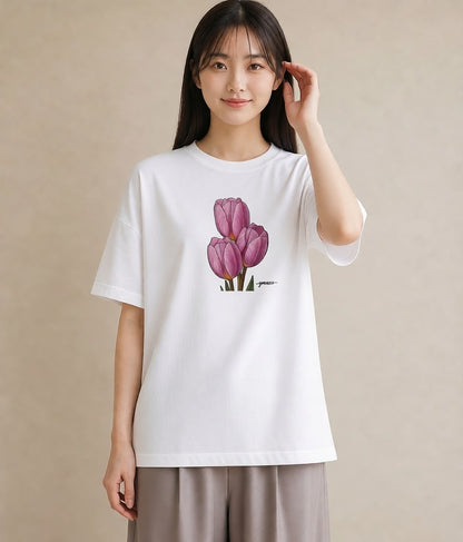 グラフィックTシャツ レディース チューリップ 花 花柄 イラスト シック 友達ギフト 部屋着 白T