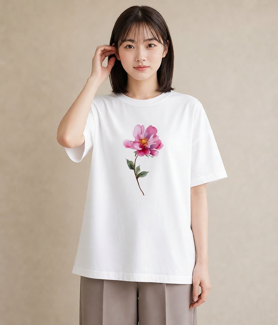 グラフィックTシャツ レディース コスモス 秋桜 花 花柄 イラスト ガーリー 社会人 女性 白T