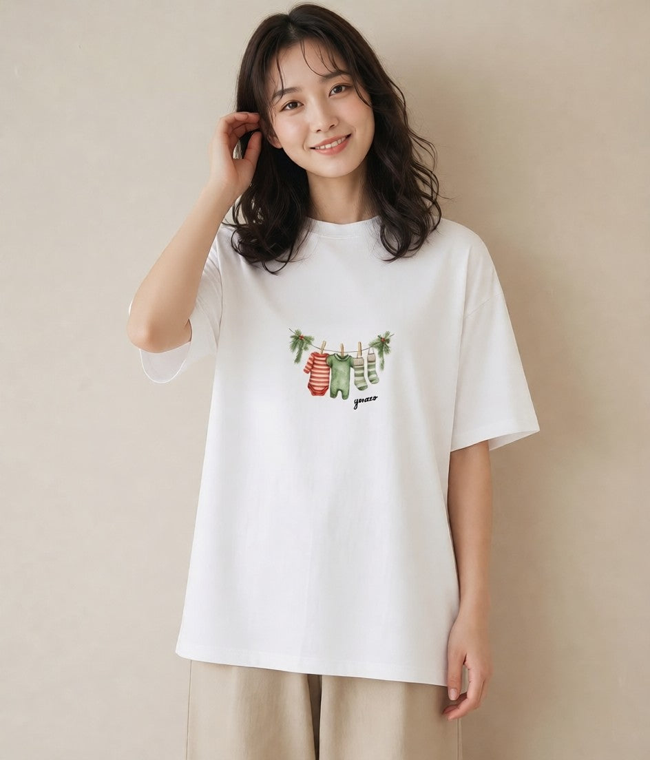 デザインTシャツ レディース 洗濯物 風 ナチュラル アンティーク イラスト きれいめカジュアル 母娘コーデ 自分用 白T
