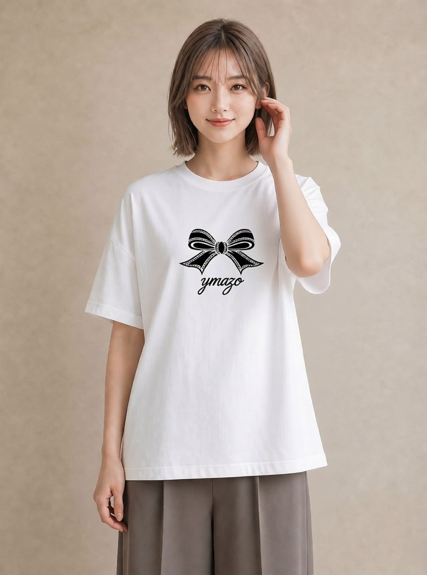 プリントTシャツ レディース リボン 蝶結び ナチュラル アンティーク イラスト カフェ服 クリスマス 白T