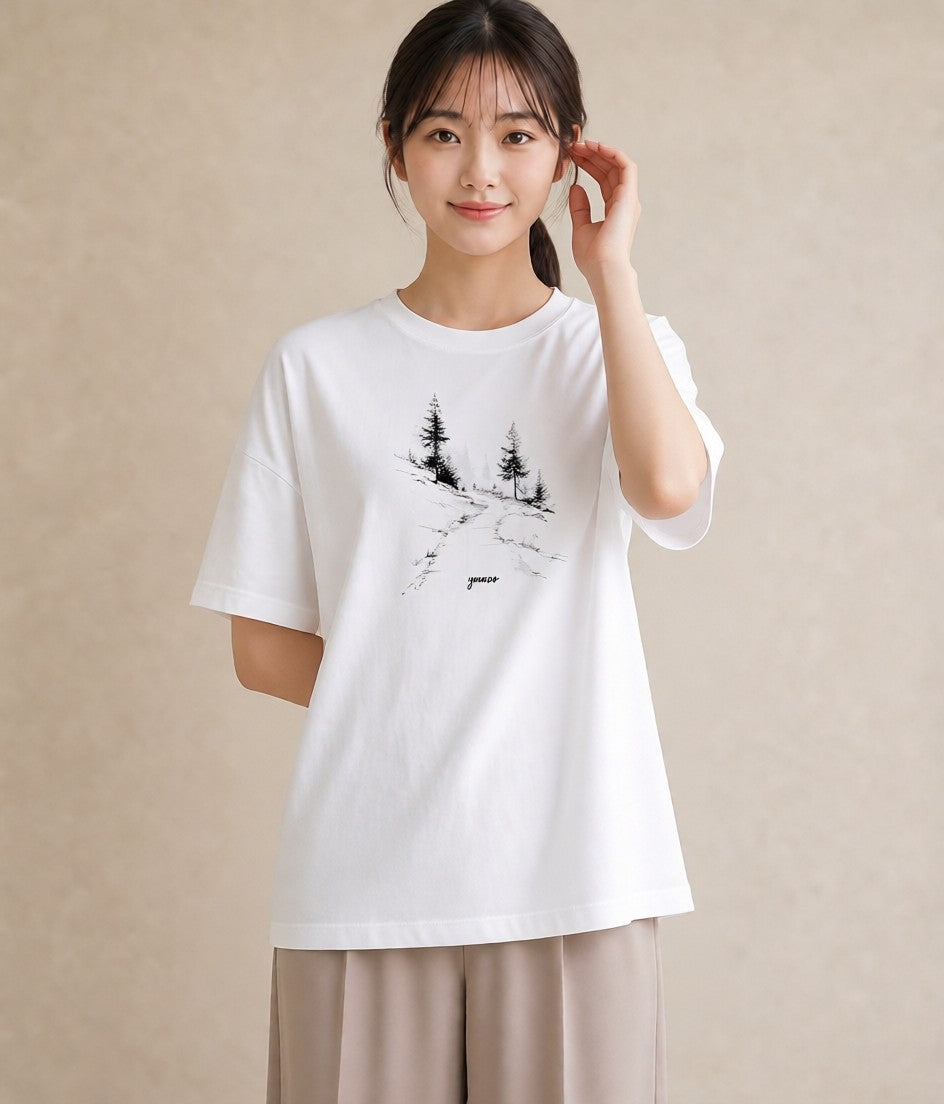 デザインTシャツ レディース 雨上がりの小道 雨上がり 小道 ナチュラル アンティーク イラスト 淡色 通勤 在宅 白T