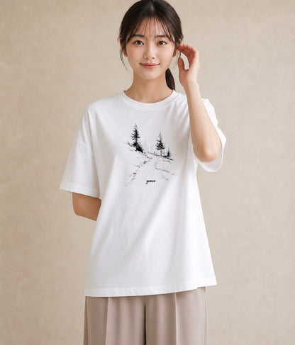 デザインTシャツ レディース 雨上がりの小道 雨上がり 小道 ナチュラル アンティーク イラスト 淡色 通勤 在宅 白T