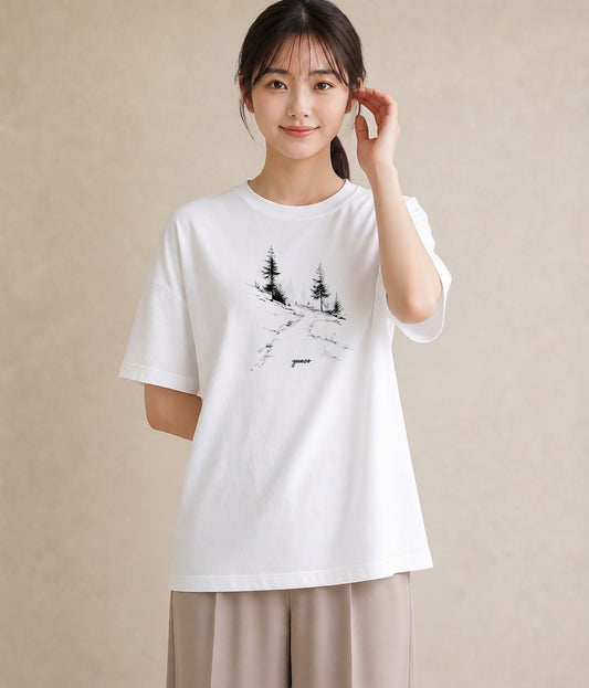デザインTシャツ レディース 雨上がりの小道 雨上がり 小道 ナチュラル アンティーク イラスト 淡色 通勤 在宅 白T