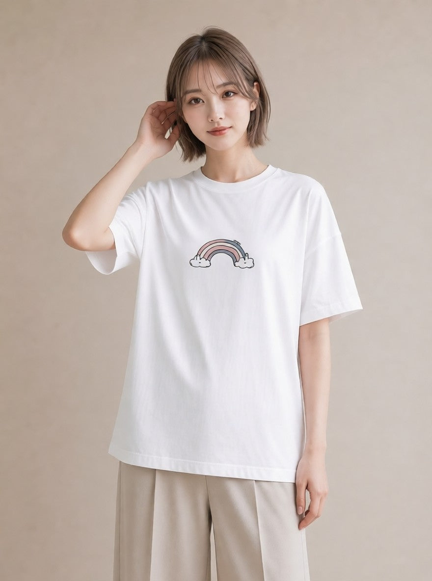 グラフィックTシャツ レディース 虹 星空 宇宙 イラスト 休日 ペアコーデ 白T