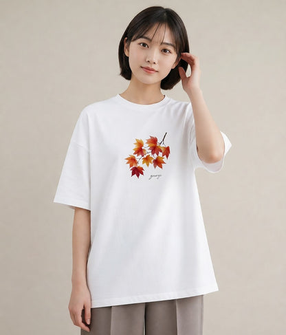 Tシャツ レディース 落ち葉 植物 ボタニカル イラスト モード 在宅 公園 白T