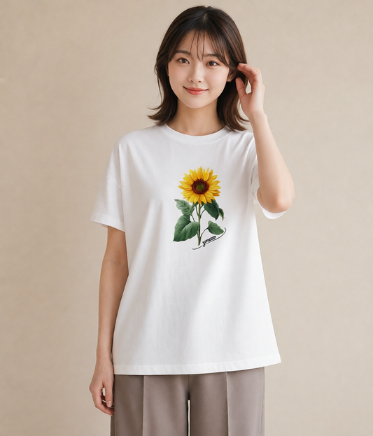 半袖Tシャツ レディース ひまわり 向日葵 花 花柄 イラスト 北欧風 女性 旅行用 白T