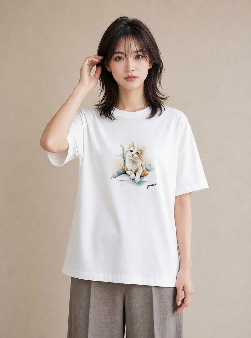 デザインTシャツ レディース サバトラ 猫 ねこ イラスト シック 母の日 ビーチ 白T