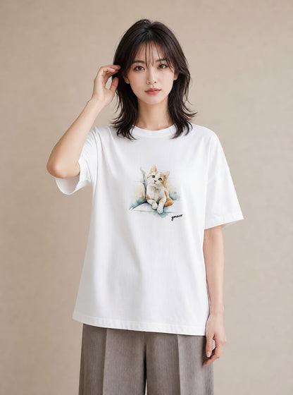 デザインTシャツ レディース サバトラ 猫 ねこ イラスト シック 母の日 ビーチ 白T