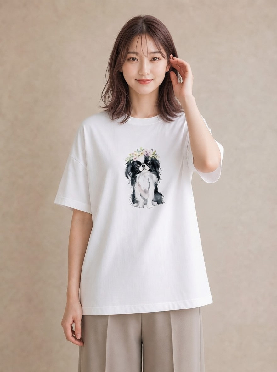 Tシャツ レディース 狆 犬 いぬ イラスト フェミニン ペアコーデ 秋コーデ 白T