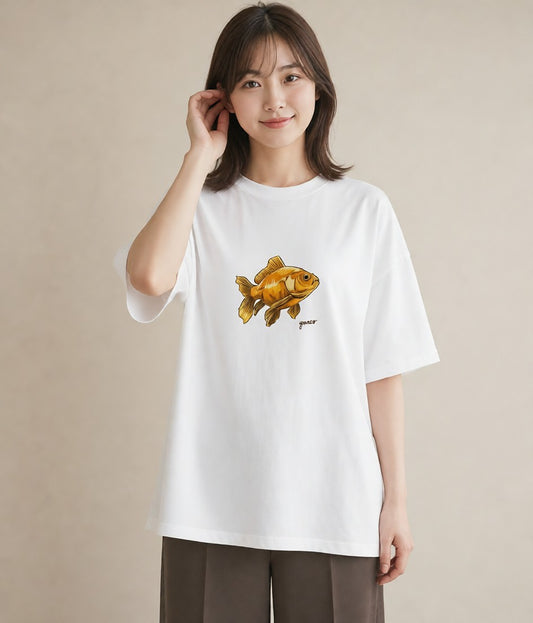 半袖Tシャツ レディース らんちゅう ペット 動物 イラスト ニュアンス 海 カフェ巡り 白T