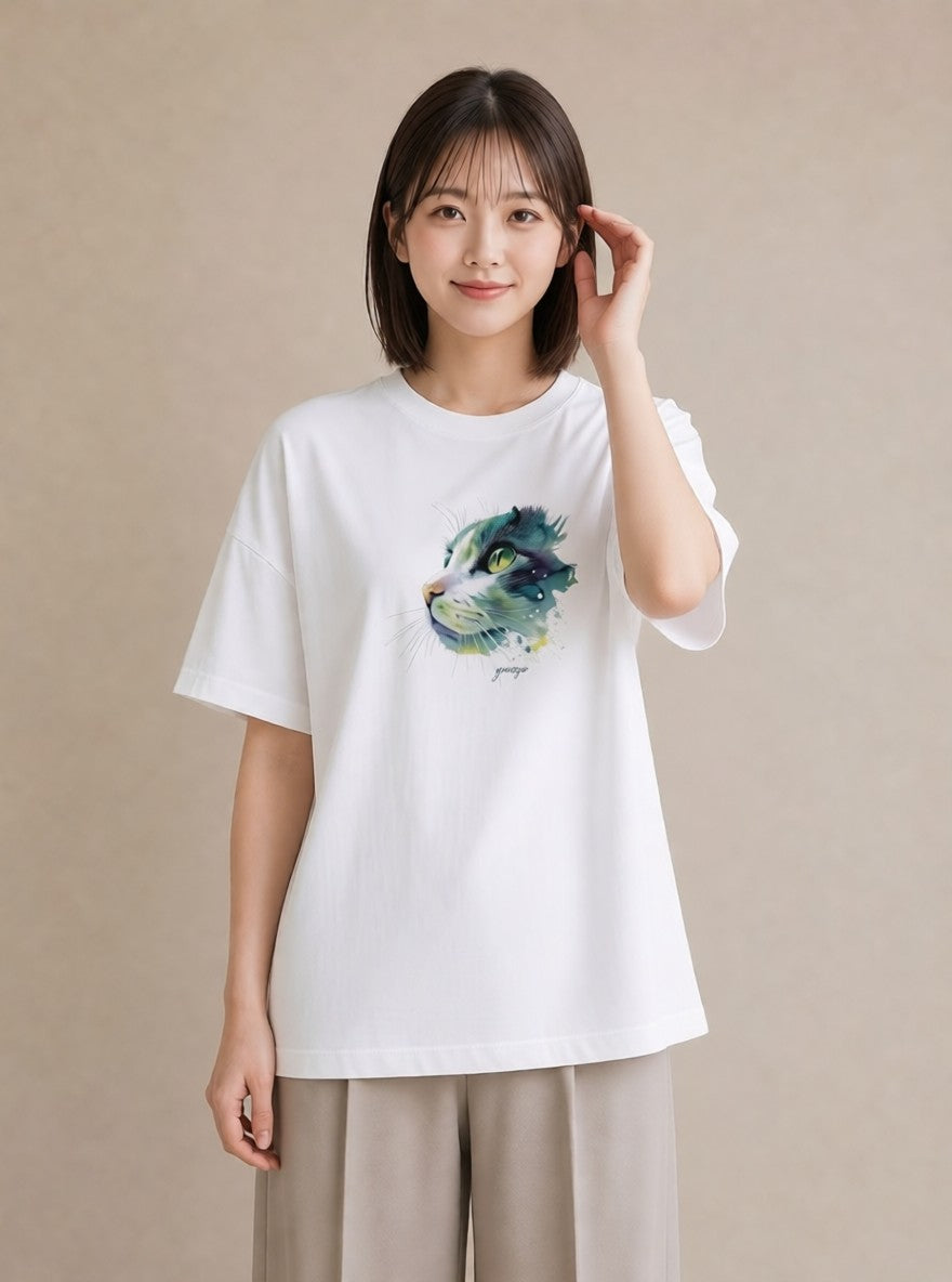 グラフィックTシャツ レディース ベンガル 猫 ねこ イラスト ミニマル 秋コーデ おしゃれギフト 白T