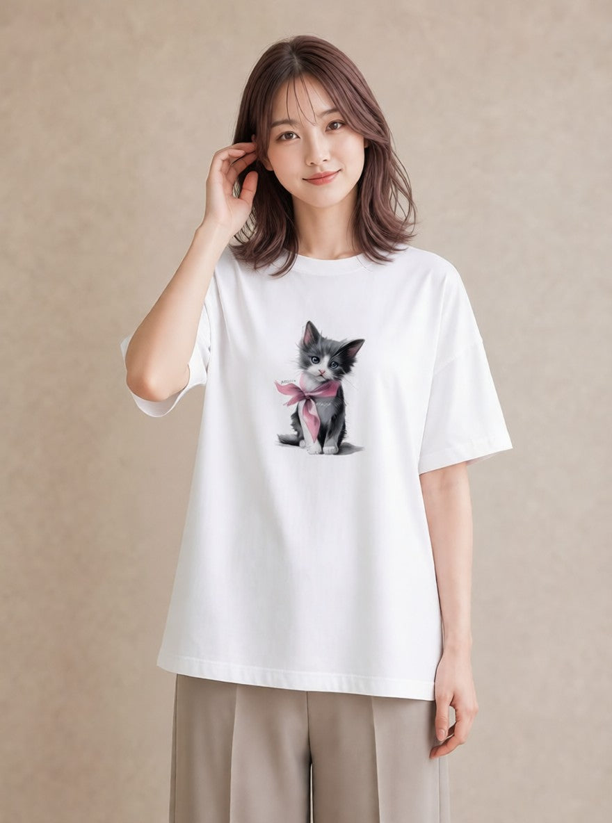 デザインTシャツ レディース ねこ 猫 ネコ イラスト 抜け感 敬老の日 ホワイトデー 白T