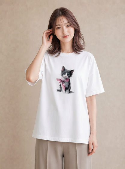デザインTシャツ レディース ねこ 猫 ネコ イラスト 抜け感 敬老の日 ホワイトデー 白T
