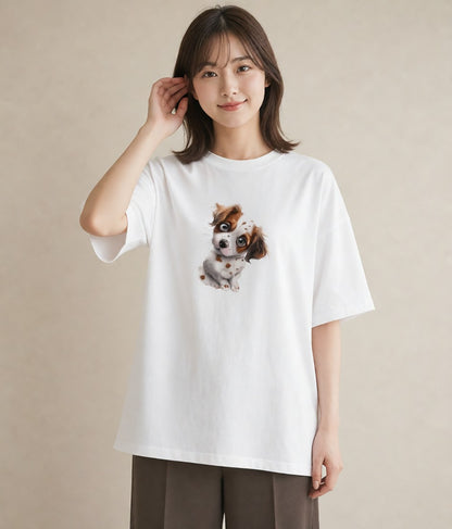 デザインTシャツ レディース キャバリア 犬 いぬ イラスト ヴィンテージ風 ペアコーデ 秋コーデ 白T