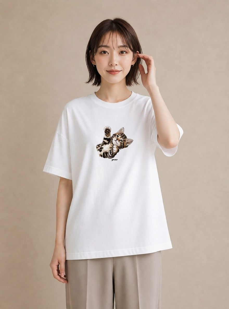 プリントTシャツ レディース ぶち猫 猫 ねこ イラスト ポップ 母娘コーデ 自分用 白T