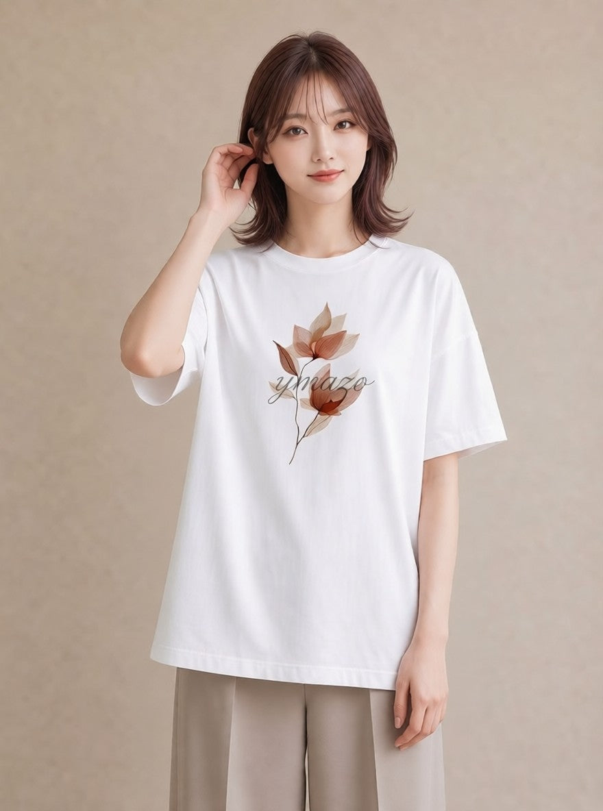 デザインTシャツ レディース 落ち葉 植物 ボタニカル イラスト こなれ感 通勤 在宅 白T