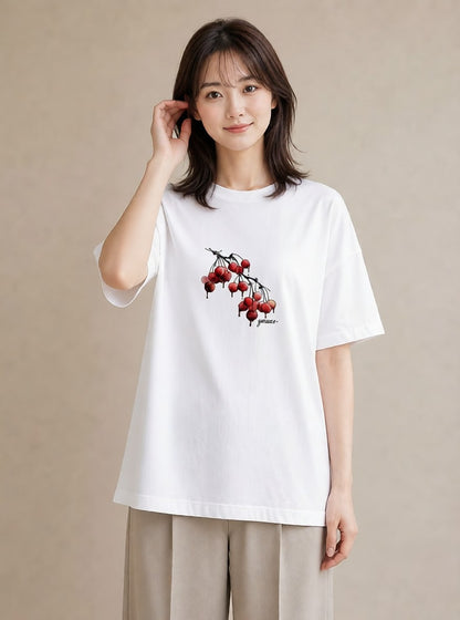 半袖Tシャツ レディース さくらんぼ チェリー 食べ物 フード イラスト 抜け感 友達ギフト 部屋着 白T