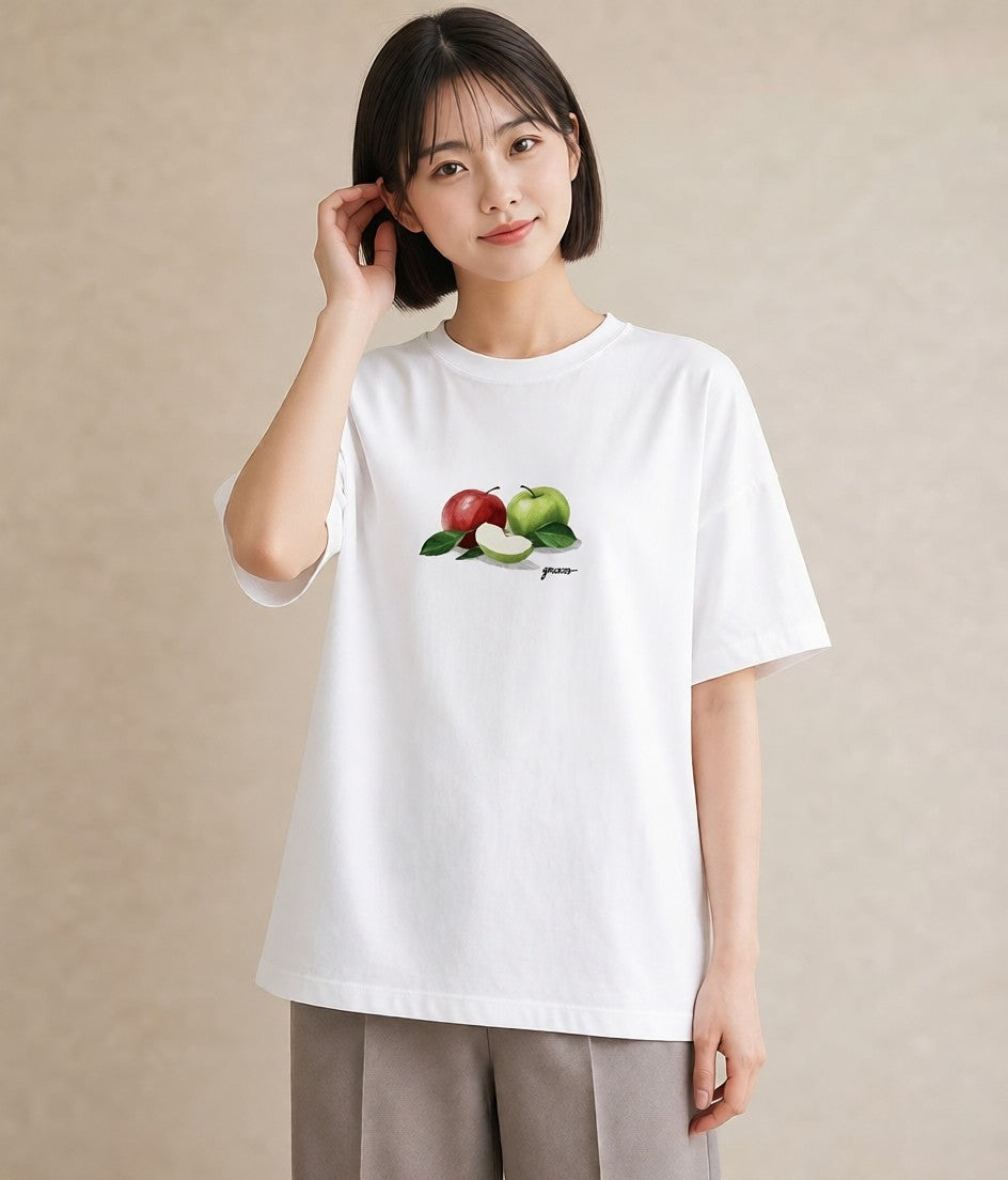 半袖Tシャツ レディース りんご 林檎 アップル 食べ物 フード イラスト 通学 誕生日プレゼント 白T