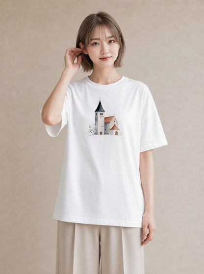 Tシャツ レディース 遠い家と鳥 風景 鳥 ナチュラル アンティーク イラスト ヴィンテージ風 公園 ママ 白T