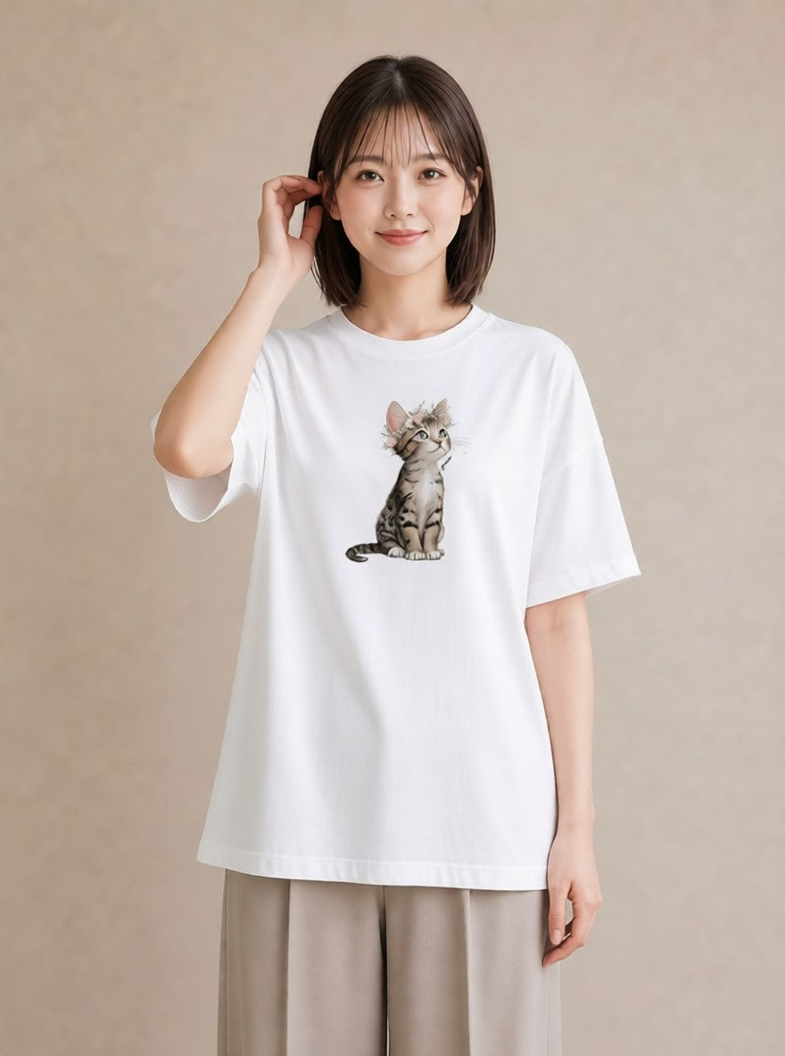 半袖Tシャツ レディース アビシニアン 猫 ねこ イラスト ボタニカル デート 帰省 白T